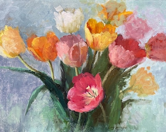 Tulip Bouquet Painting, Floral Still Life Artwork