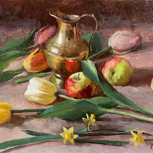 Still Life with A Copper Vase, Original Impressionistic Still Life Oil Painting,
