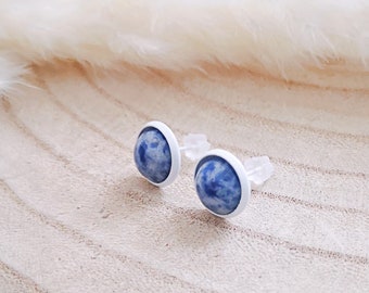 Earrings, stud, sodalite, stainless steel, white