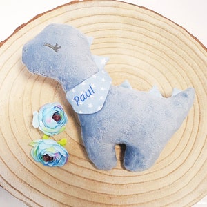 Soft toy, plush dinosaur Eddi, old-blue, with name