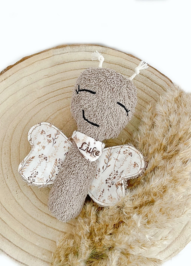 baby rattle, butterfly, terry cloth, with name beige, Füllwatte