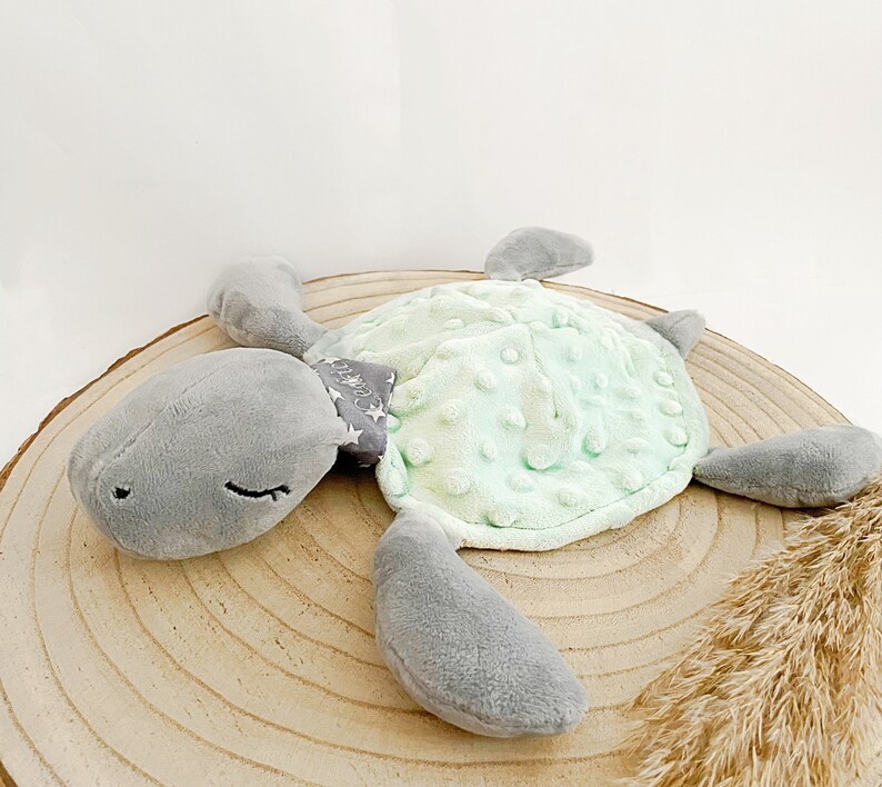 Schnuffeltuch, Schildkröte Thea, Minky Plüsch, grau-mint, mit Namen Bild 2