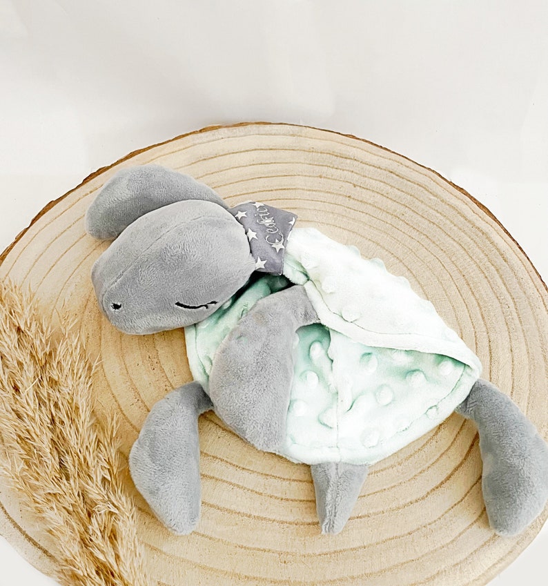 Schnuffeltuch, Schildkröte Thea, Minky Plüsch, grau-mint, mit Namen Bild 3