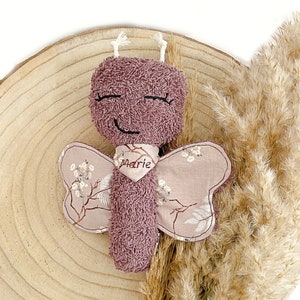 baby rattle, butterfly, terry cloth, with name malve, Füllwatte
