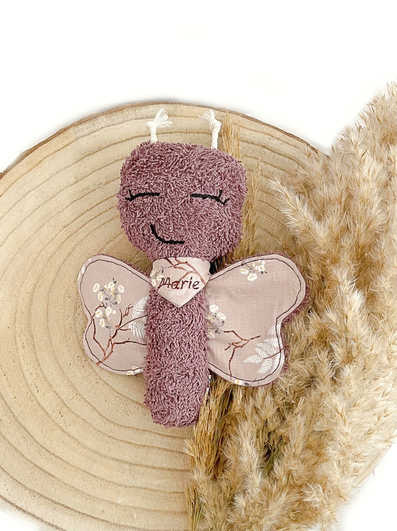 baby rattle, butterfly, terry cloth, with name malve, Füllwatte