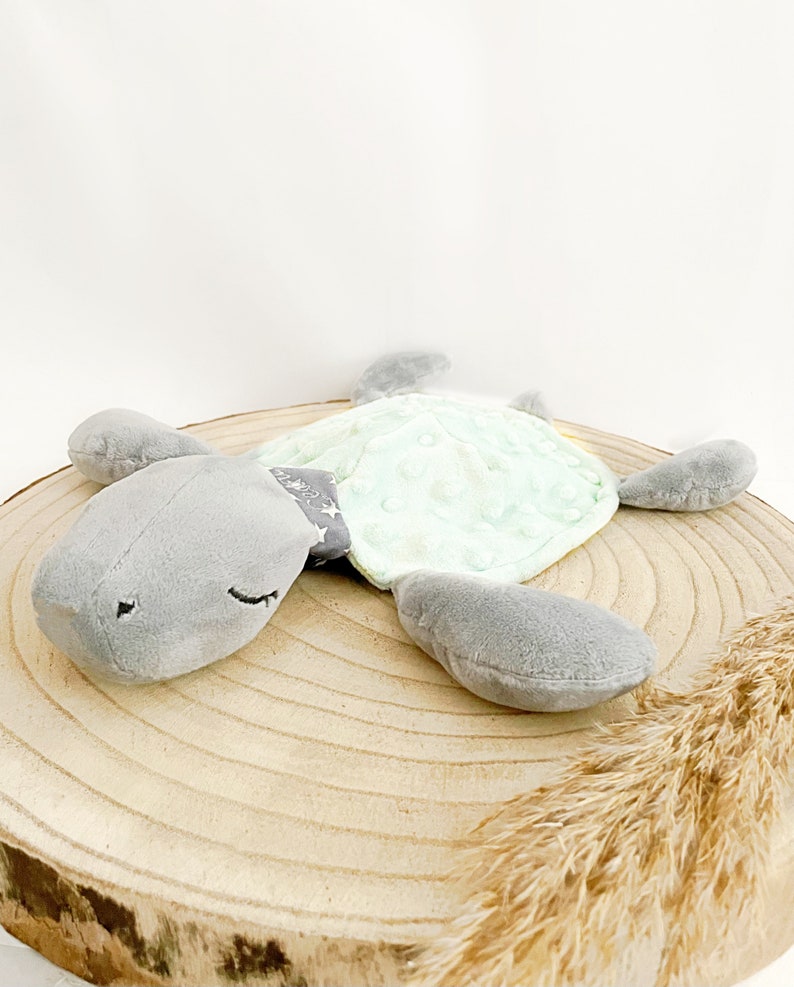 Schnuffeltuch, Schildkröte Thea, Minky Plüsch, grau-mint, mit Namen Bild 1