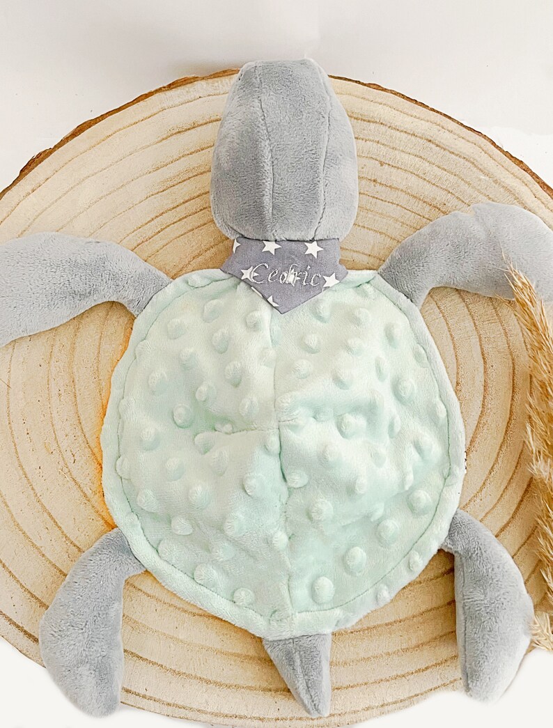 Schnuffeltuch, Schildkröte Thea, Minky Plüsch, grau-mint, mit Namen Bild 4