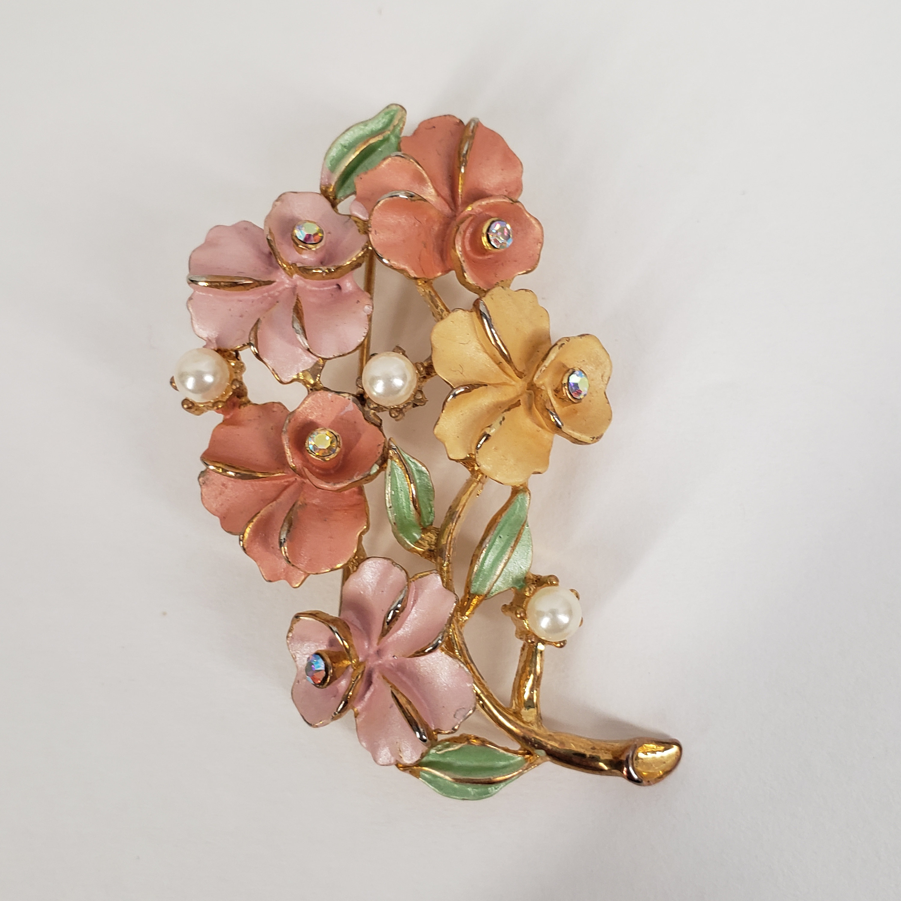 Vintage Orchid Brooch Golden Faux Pearl Rhinestones Enamel Etsy