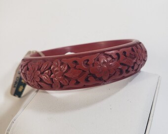 Chinese Red Cinnabar Hand Deeply Carved Flowers Bangle Bracelet  China Tag