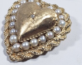 Rare Vintage Estate 14K Yellow Gold Heart Locket Brooch Pearl Diamond 18 Gr