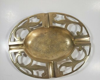 Vintage BRASS CIGAR ASHTRAY 4 slots Open Work Filigree Mid-Century Modern