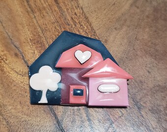 Vintage House Pins by Lucinda Heart Pink Pastels Enamel Resin Brooch 2 1/4"