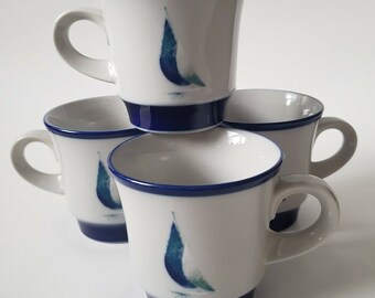 Vintage Noritake Stoneware Running Free Sail Boat Coffee/Tea Cup Set 4