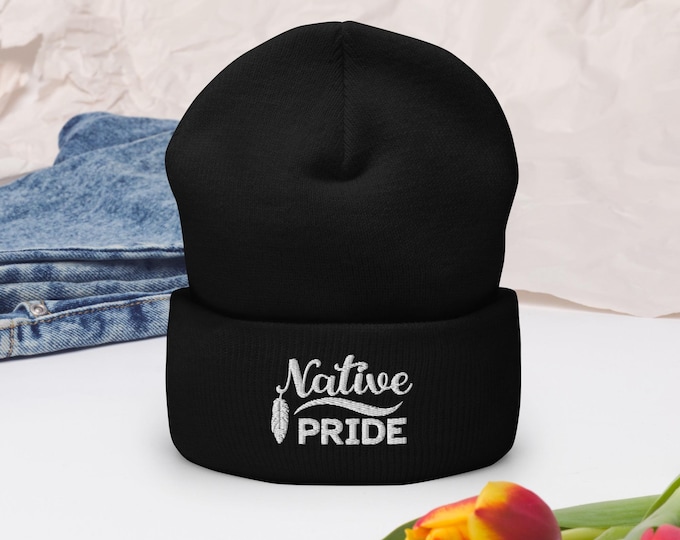 Native Pride Cuffed Beanie – Embroidered Feather Hat – Indigenous Beanie – Warm Knit Hat – Native American Gift – Winter Hat for Men & Women