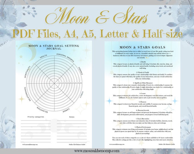 Moon & Stars Goal-Setting Journal, Wheel of Life, Goal Planner, Goal Setting, Printable Planner Inserts, Journal Template, A4, A5, Letter