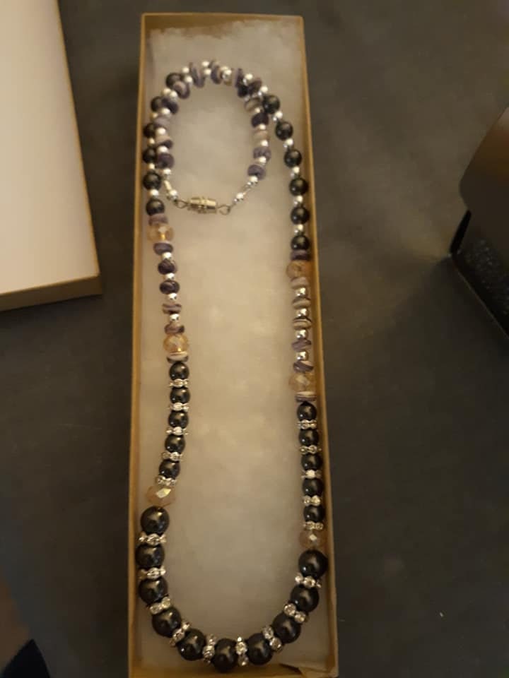 Wampum (Quahog) Shell and Black Pearl Necklace