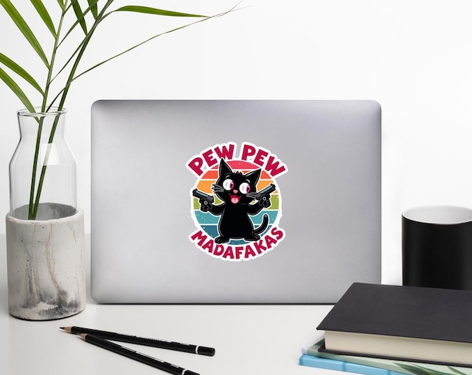 PEW PEW MADAFAKAS Sticker – Retro-Style Funny Black Cat Bubble-free stickers