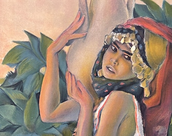 May include: An oil painting depicts a woman in traditional attire, adorned with a headpiece, cradling a large, light-colored vase. Lush green foliage surrounds the figures, set against a warm, neutral background.