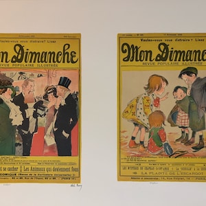 May include: Two vintage magazine covers from the early 1900s for "Mon Dimanche" magazine. The covers feature illustrations of people in various settings. The text on the covers reads "Voulez-vous vous distraire? Lisez Mon Dimanche Revue Populaire Illustree".