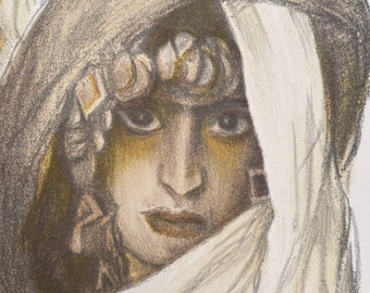 May include: A woman's face is partially obscured by a white headscarf and a brown hooded cloak. Her eyes are dark and her lips are painted a deep red. The woman's face is illuminated by a soft, golden light.