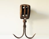 Vintage Industrial Farmhouse Butchers Iron Hook Wood Block Pulley - Industrial Salvage - Barn Pulley - Block and Tackle - Primitive
