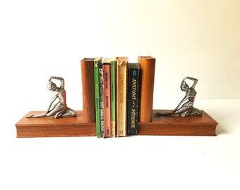 Vintage Wooden Bookends - With Dancing Figurines - Danish Modern - Home and Office Decor - Book Stands - Library - Book Ends