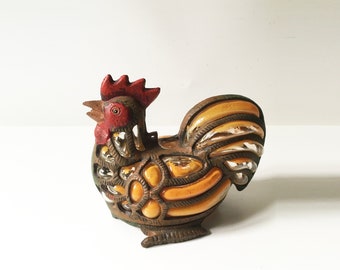 Vintage Cast Iron Chicken Hen Rooster Colored Glass Rustic Patio Tea Light Lamp Entryway - Home Decor - Farmhouse - Rustic