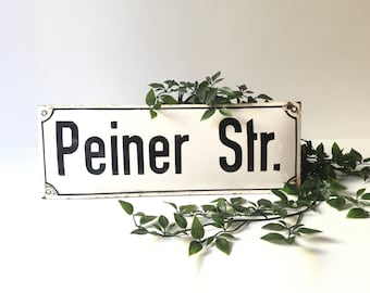 Antique Enamel German Street Sign - Porcelain Metal Sign - Peiner Str - Peiner Straße - Germany - Vintage Name Street Sign