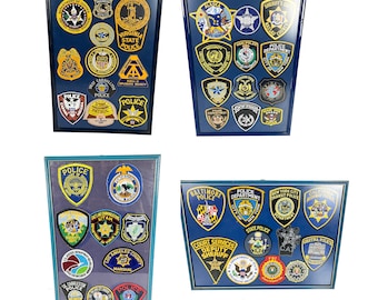 Rare Collection of 44 Police Sheriff Patches - Framed Patch Law Enforcement Uniform Shirt Shoulder Security Patrol Marshal - Vintage Badge