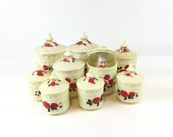 Set of 9 Vintage Plastic Kitchen Canisters - Made in Greece - Flowery Canisters - Rustic Kitchen - Cottage Chic - Shabby Chic Jars