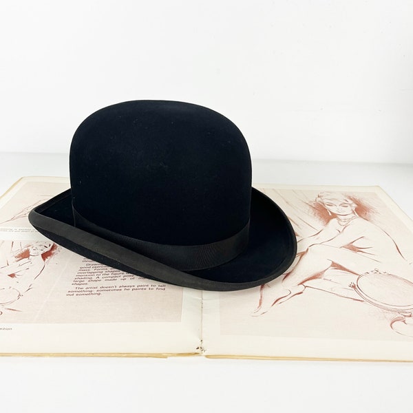 Antique Black Felt Derby Bowler Men Hat - Paris - E.Motsch - French Bowler Gentlemen Hat - Marque Déposée - Dieu et Mon Droit