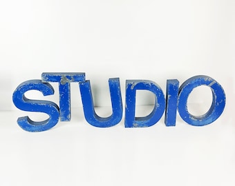 STUDIO - Vintage Metal Letters - Vintage Distressed Industrial Sign - Blue Metal Marquee - Old Factory