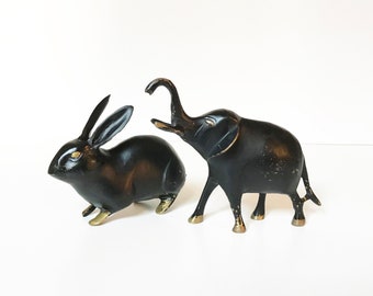Midcentury moderne Messing Figuren - Walter Bosse Stil - Vintage Kaninchen - Elefant Mid Century Modern Wohnkultur