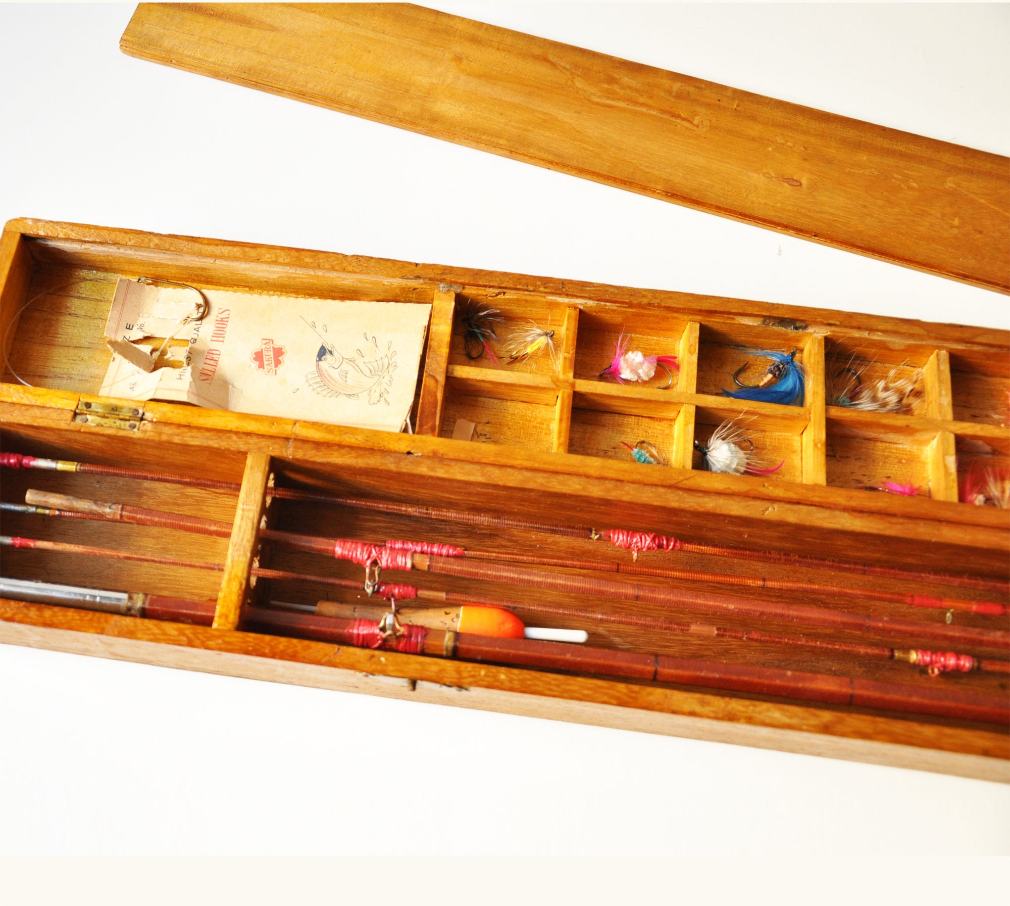 1940's Sakurai Fishing Tackle Split Bamboo Pole Rod Japanese Fishing Kit in  Original Wooden Box 