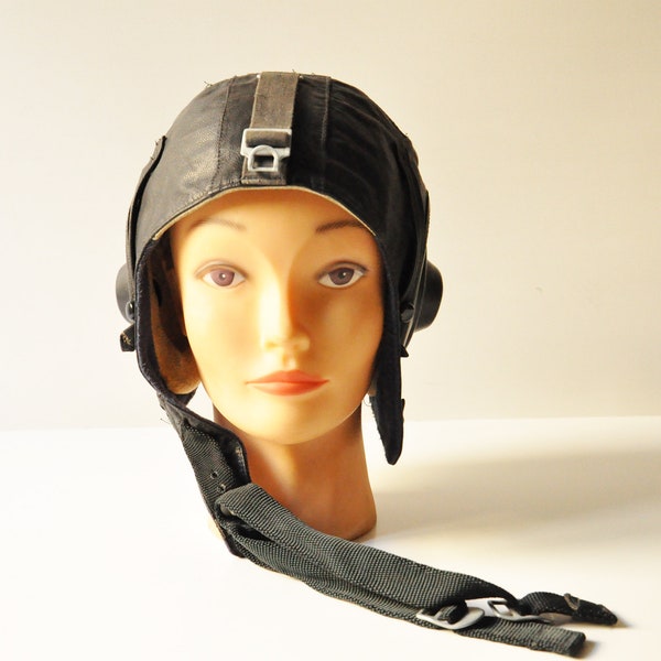 1985 Soviet Aviator Leather Helmet - USSR Airforce Pilot Hat Cap - Flight Helmet - Brown Leather - Army - Military Memorabilia