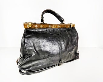 Vintage Black Leather Ladies Handbag - Doctor's Bag - Gladstone Bag - Midcentury Accessories