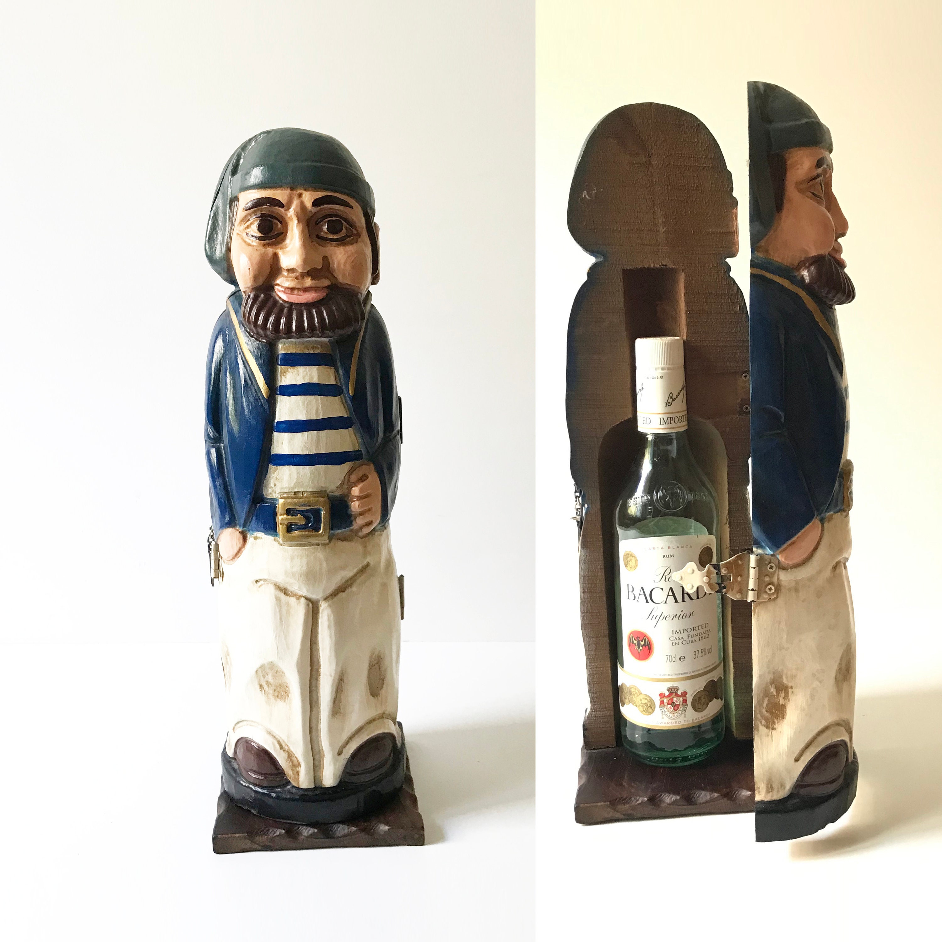 Vintage Carved Wooden Sailor Pirate Bottle Holder Alcohol Etsy