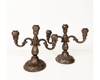 Vintage Embossed Candelabra Pair: Ornate 3-Arm Candle Holders
