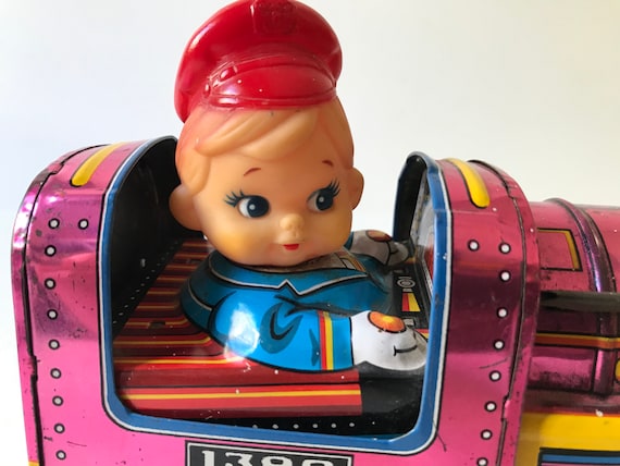 Vintage Tin Toy Train Japanese Kanto Toys - 1970s Pink Train