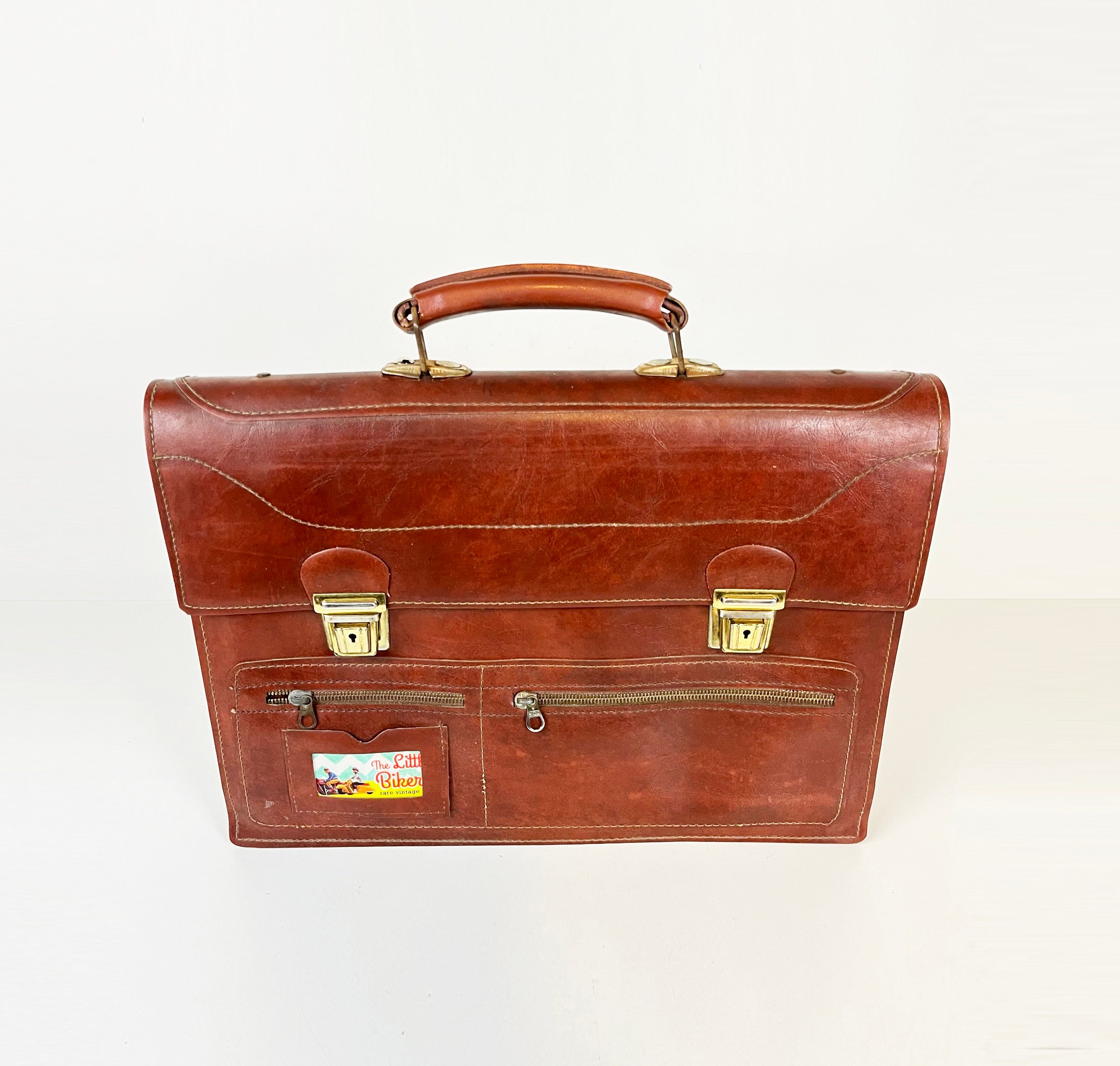 Maletín escolar vintage de cuero marrón, Bolso de mediados de