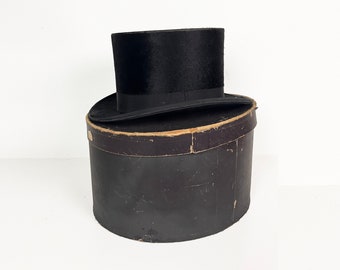 Antique Beaver Opera Top Hat - With Hat Box - Tuxedo Accessories - Stage Theatre Theater Prop - Chapeau - Dieu et mon Droit