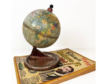 Vintage 1950s Chad Valley Litho Tin World Globe - English Made - Warrant Toy Maker to the Queen of England - Desk Globe - Office Decor