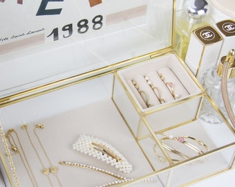 Gold and Glass Cream Velvet Jewellery Box