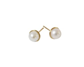 May include: A pair of gold stud earrings with white pearl accents.