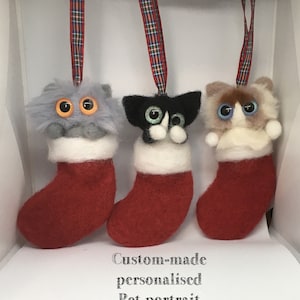Cute needle-felt cat in stocking tree decoration: handmade personalised cat christmas decorations