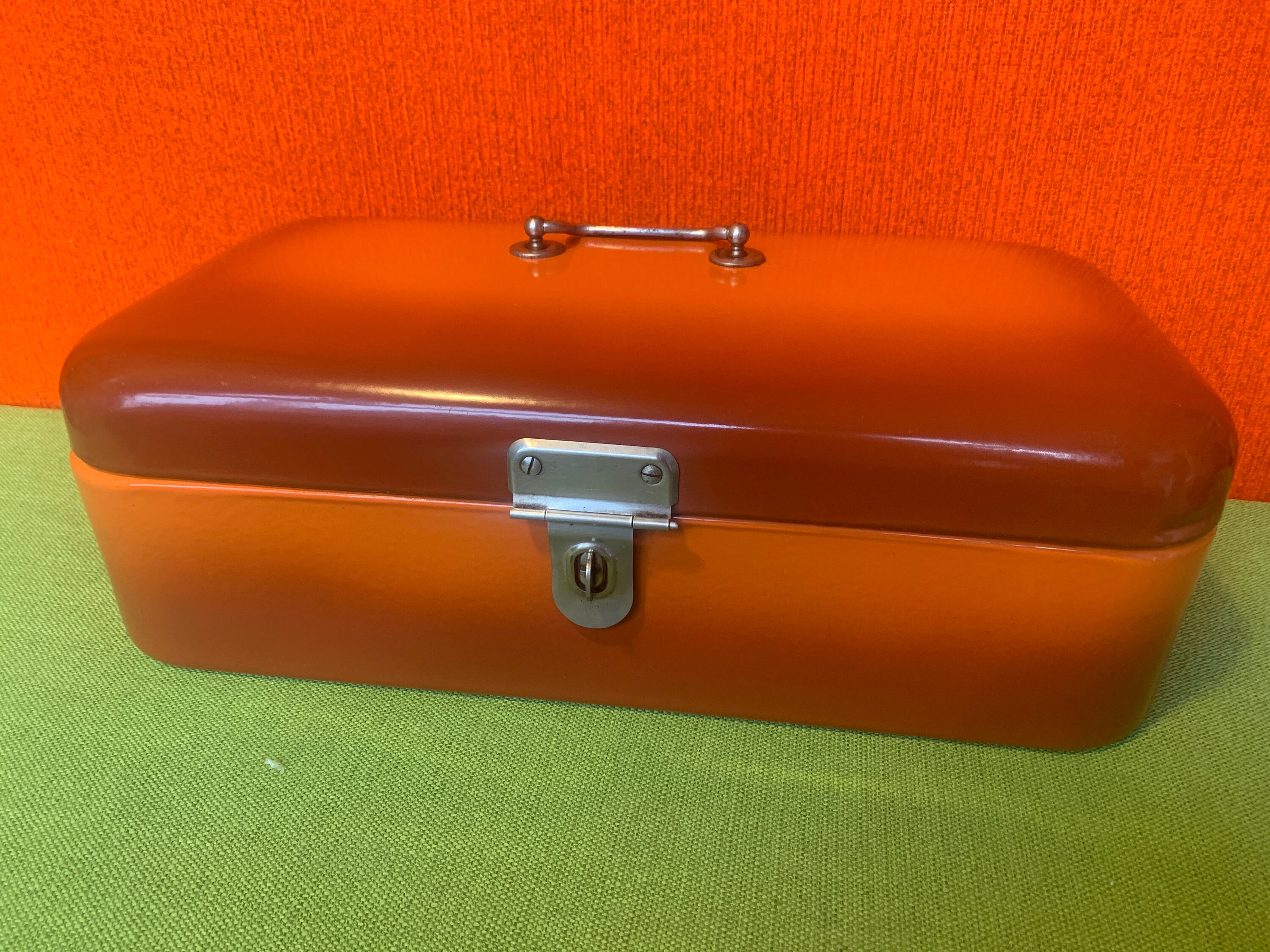 1950s60s Bright Orange Enamel Bread Bin / Bread Box Mid Century