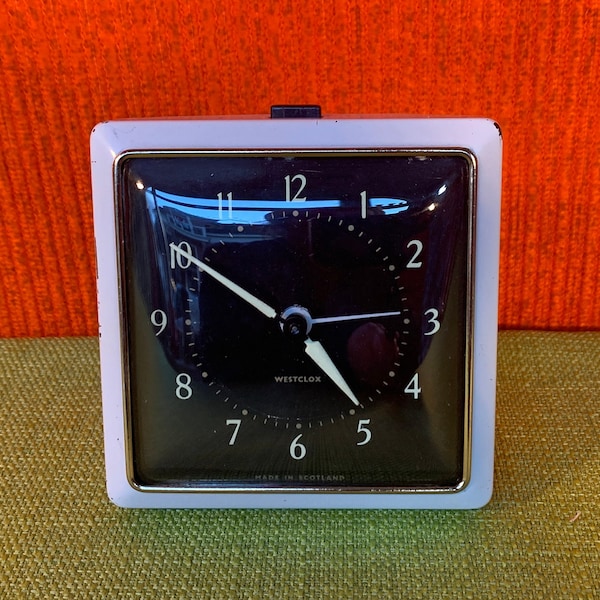 60s WindUp Mechanical WESTCLOX Alarm Clock, Made in Scotland, Metal White Case with Gold Rim, Black Dial, Curved Glass - Mid Century Vintage