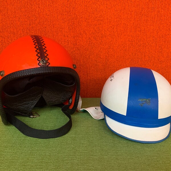 50s 60s 70s 80s children's moped / motorcycle helmets in plastic and imitation leather version - red & blue / white - Mid Century vintage