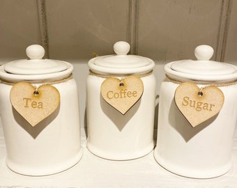 Tea Coffee Sugar Heart Wooden Labels Complete With Twine Rustic  Utensil Tags (Canisters not included)