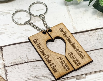 Personalised Home Keyrings With Names & Dates With Heart (Set of 2) First Home/New Home / Housewarming Gift / New Home Couples Present